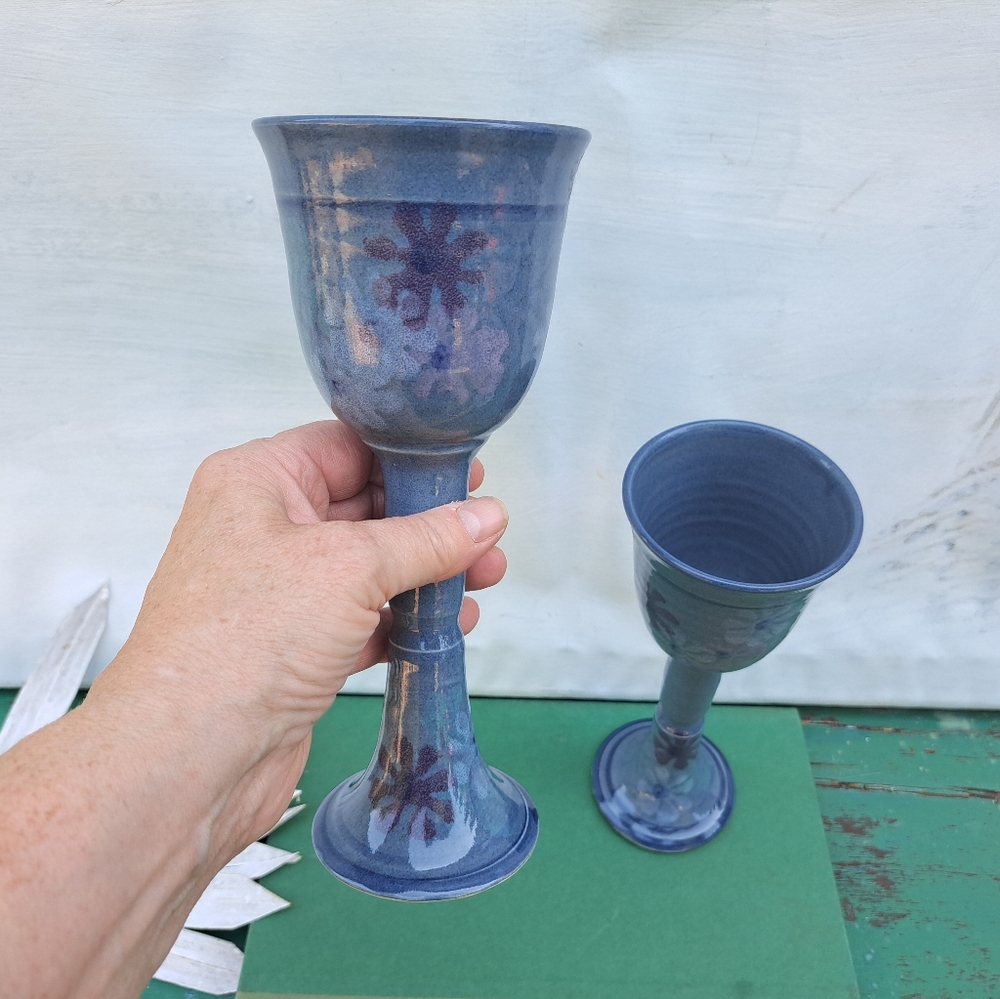 Pair of Handmade Blue Pottery Goblets